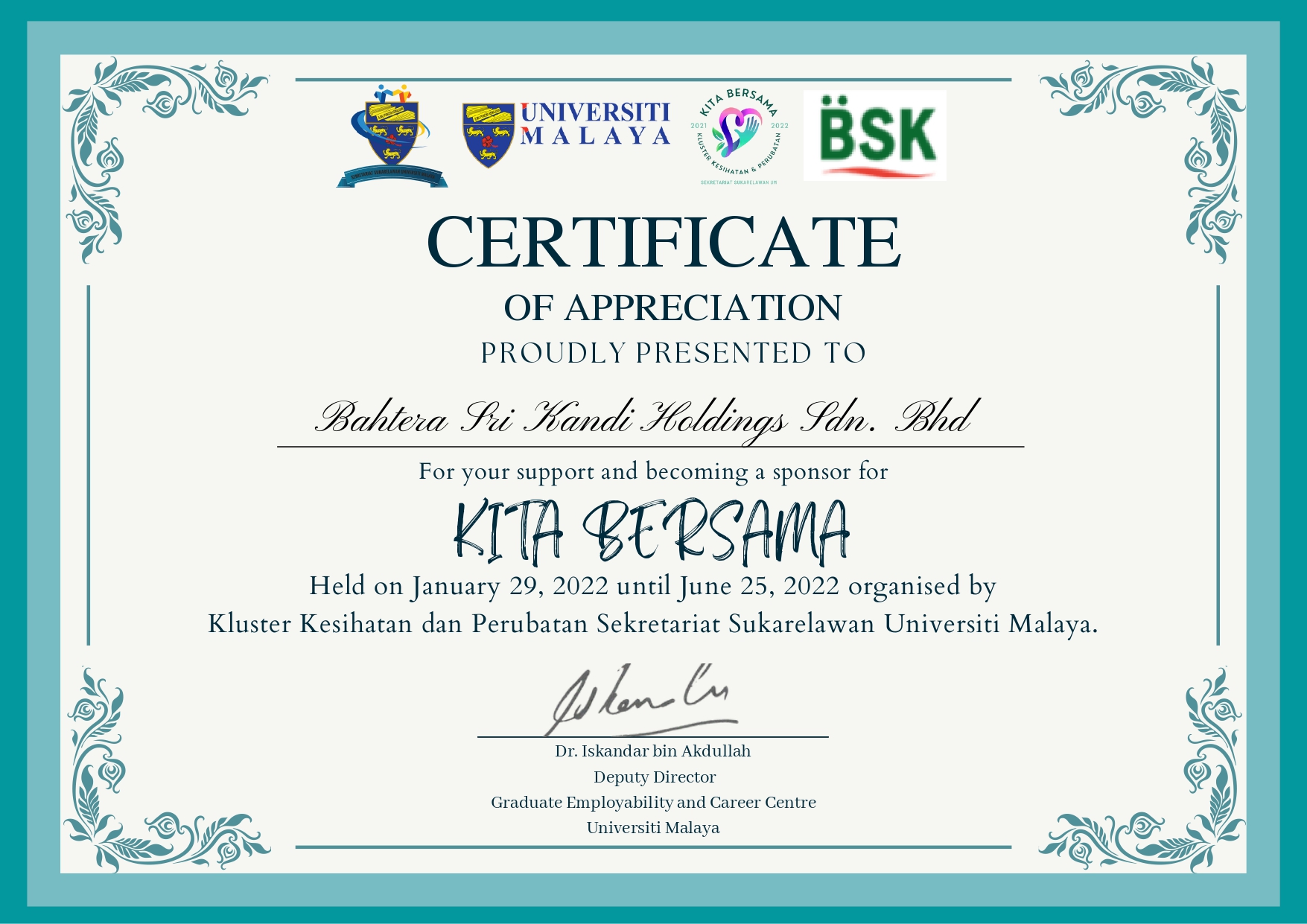 Certificate of Appreciation from Universiti Malaya